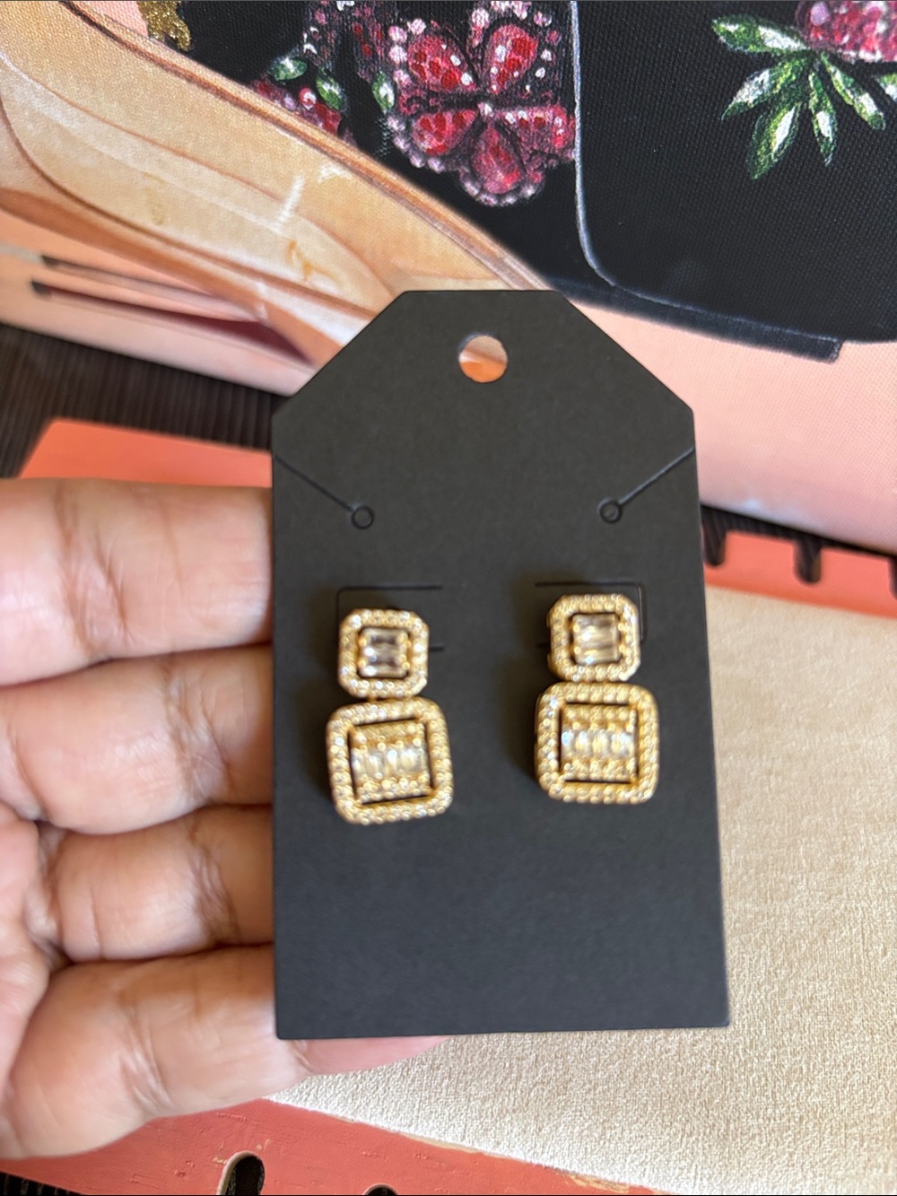 Gold-Tone Double Square Crystal Drop Earrings